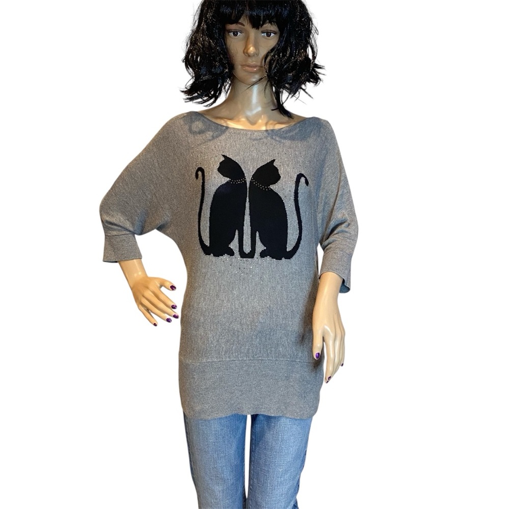 WHBM Twin Black Cats Embellished Sweater Top Dolman 3/4 Sleeves Gray Small VGC